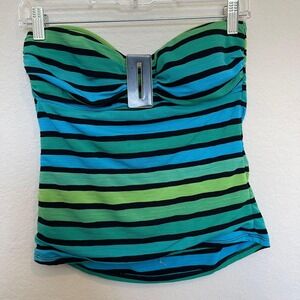 La Blanca Striped Bandeau Tankini Top‎ Ruched Front Swimwear Green Blue Black 4